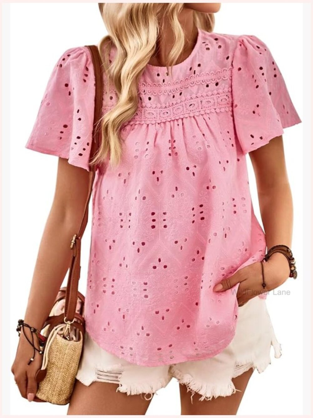 Boho Babydoll Blouse Crew Neck Short Sleeve Flowy Preppy Shirt